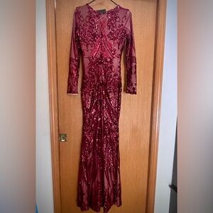 Fashion Nova Burgundy Sequin Long Sleeve Prom Dress
